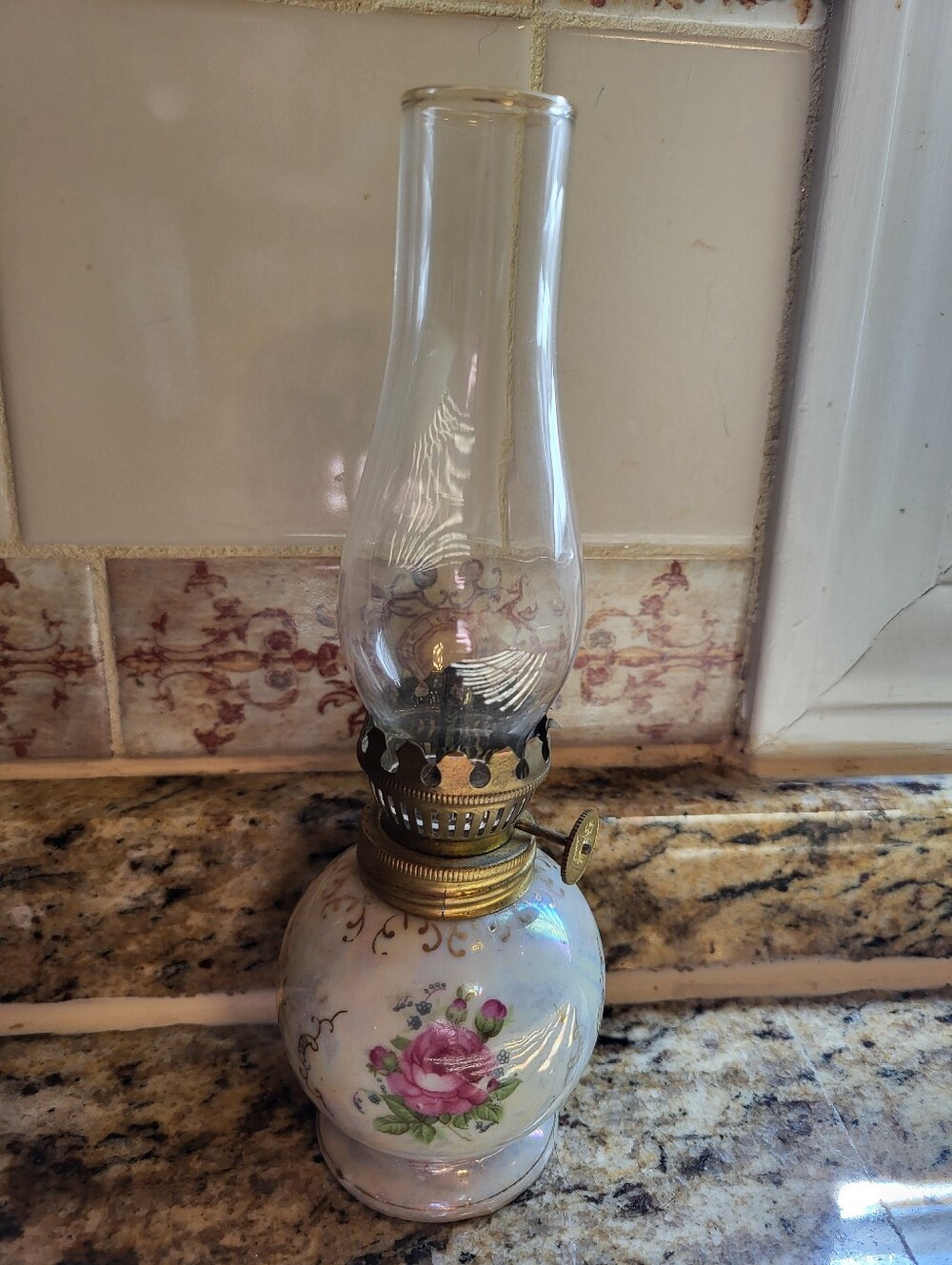 Porcelain 7.5 Inch Iredescent Rose Oil Lantern in White and Pink with Brass Trim